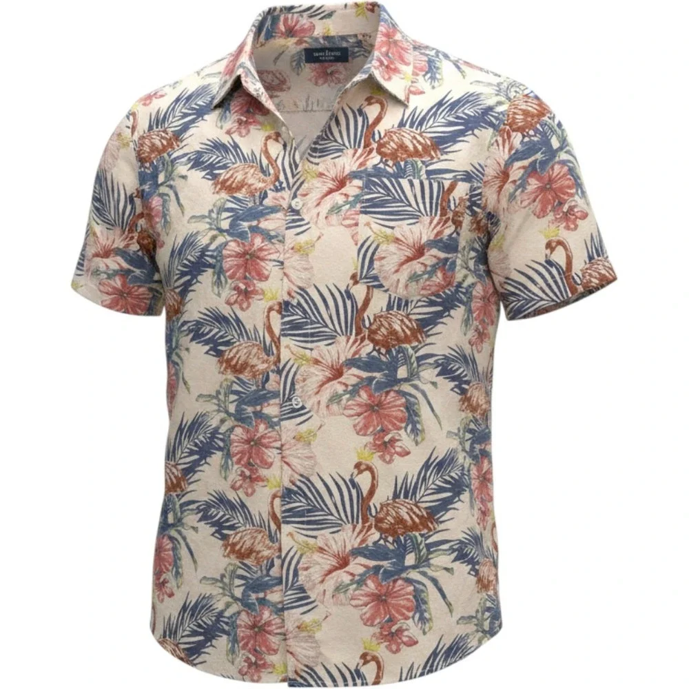 Molokai Surf Co Mens XL Flamingo Hibiscus Tropical Short Sleeve Button Up Shirt